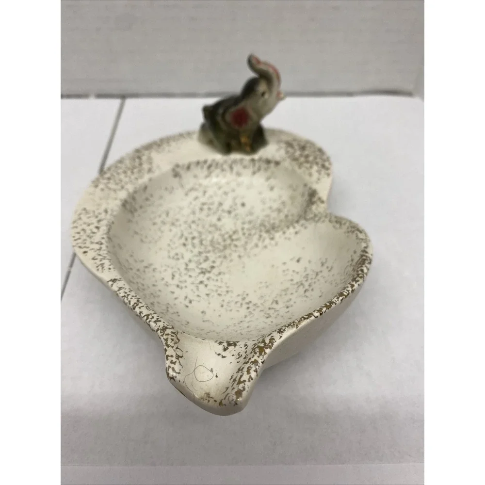 Vtg Ashtray Dish Whimsical Elephant Figurine White W/ Gold specks 6.5 x 4.5